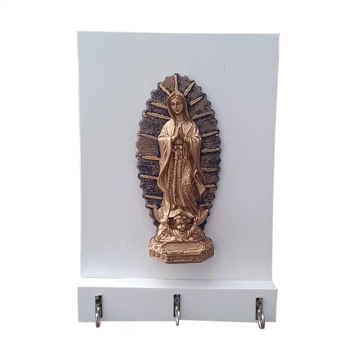 Porta-llaves-virgen-blanca-1.webp Porta llaves Vertical Virgen: Madera Blanca y 3 Ganchos - Imagen 1